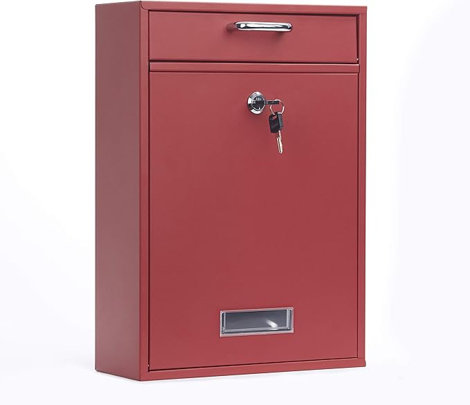 Wall Mounted Locking Vertical Dropbox Mailbox - Safe and Secure | Made with Galvanized Steel (Large, Red)