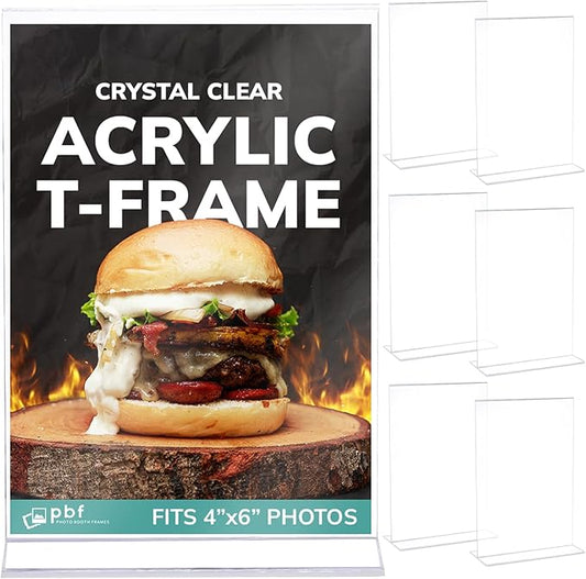 pbf 4x6 Acrylic Picture Frame Display Stand | 4 x 6 Vertical Clear Acrylic Sign Holder | T-Style Photo Frame for Table Sign, Tabletop Wedding Sign, Menu, QR Code (6-Pack)