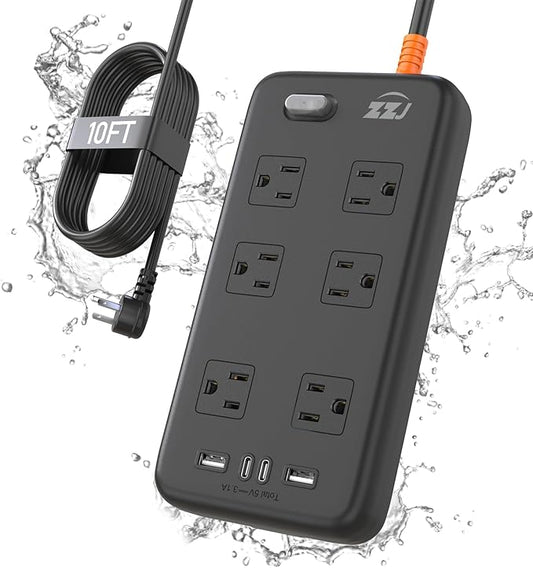 Power Strip Weatherproof, 10-in-1 Surge Protector with 6 Wide Outlets 2USB A and 2USB C,1875W/15A,10FT Flat Plug Multi-Plug Outdoor Extension Cord for Indoor Outdoor, UL FCC Listed