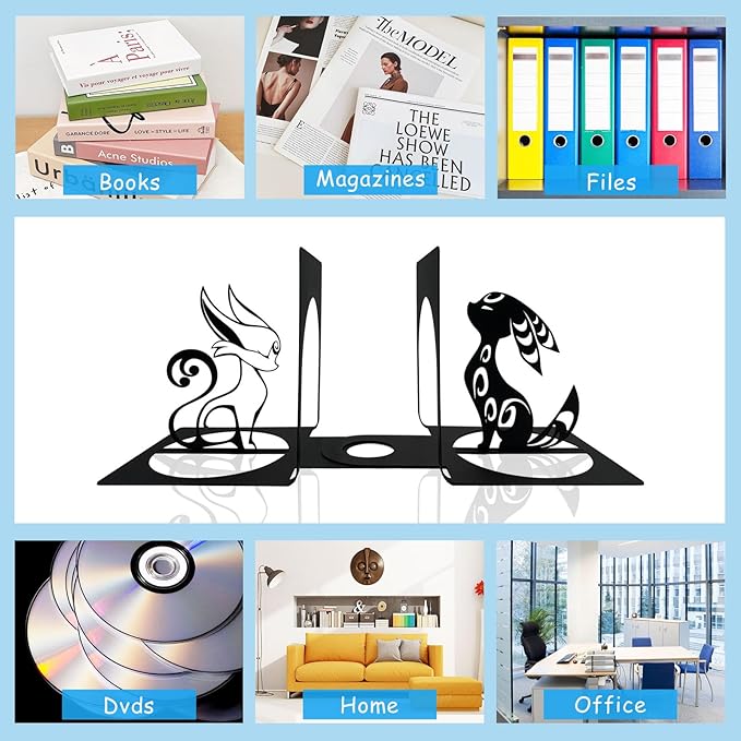 Fox Bookends, Black Foxes Metal Book Ends, Anime Bookends, Cute Book Ends for Shelves, Animal Book Stopper, Book Organizer for Desk, Home Office Book Holder