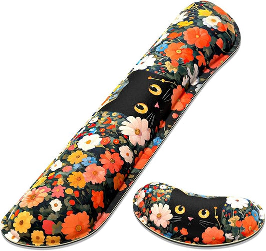 Dapesuom Enlarge Keyboard Wrist Rest, Memory Foam Wrist Cushion for Desk Mats Support, Typing Pain Relief Keyboard Mouse Pad Rests Set with Non-Slip Base for Gaming Laptop Computer, Cat Flower Bush