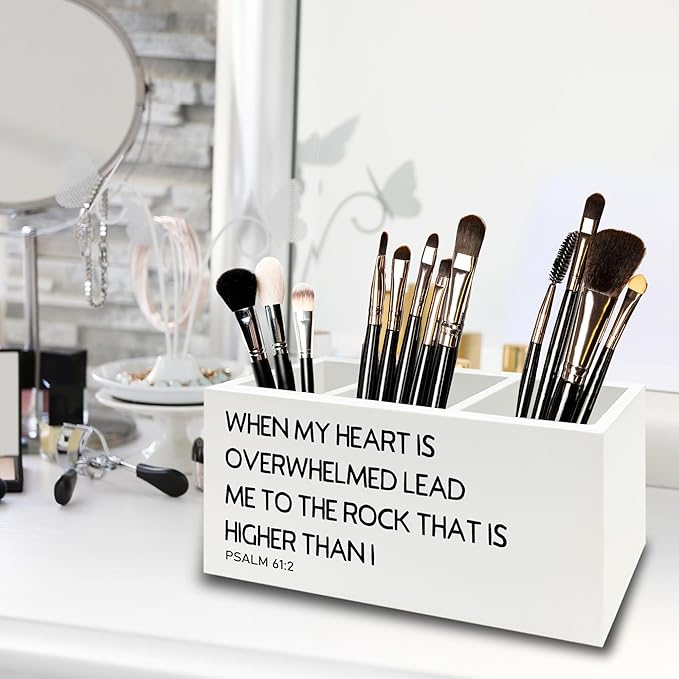 Christian Pen Pencil Holder Organizer for Desk, Christian Gifts for Women Men, Religious Psalm 61:2 Bible Verse Scripture Wooden Box Sign for Home Office Desk Tabletop Decorations