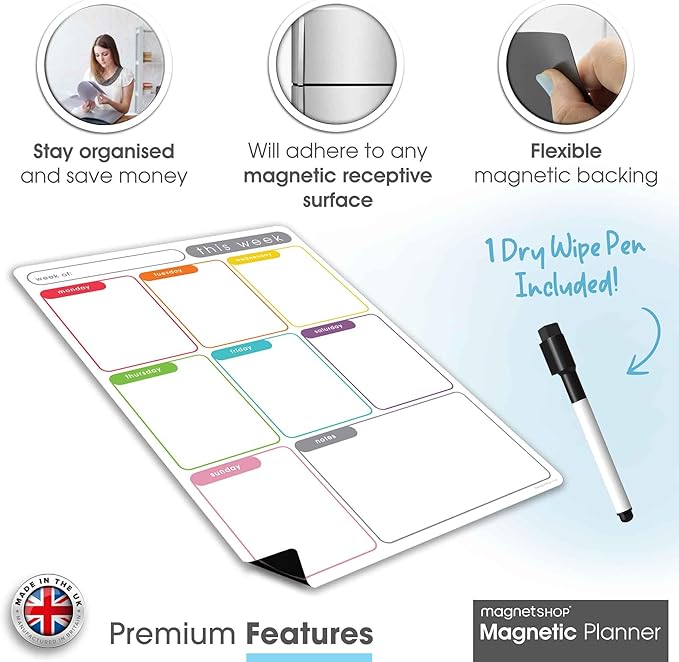 Magnetic Dry Erase White Board Planner for Fridge | Apartment Essentials and Home Organization Must Have | Family Planning, Grocery List, Whiteboard Calendar, Chore Chart | Multi-Color 8" x 12"