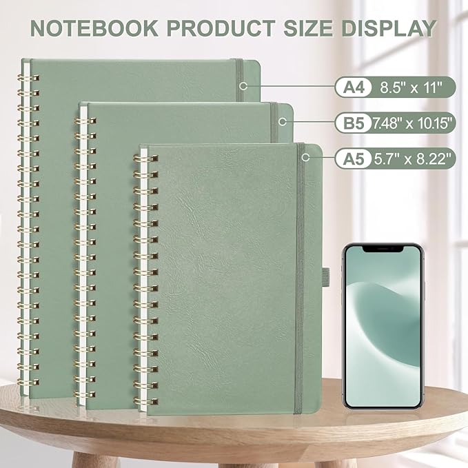 AHGXG Graph Paper Notebook - Spiral Notebook Hardcover Leather Journal 140 Pages, A5 Grid Paper Notebook 5.7" x 8.3", 100 gsm Thick Paper, for School Writing Graphing Engineering, Sage Green