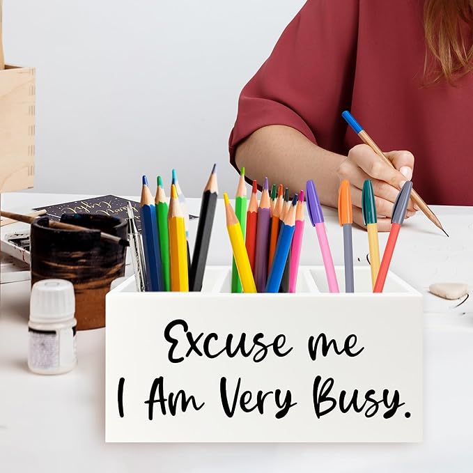 Funny Pen Pencil Holder Organizer for Desk, Funny Office Decor, Excuse Me I Am Very Busy Wooden Box Signs Decorations for Home Workplace Office Desk Tabletop