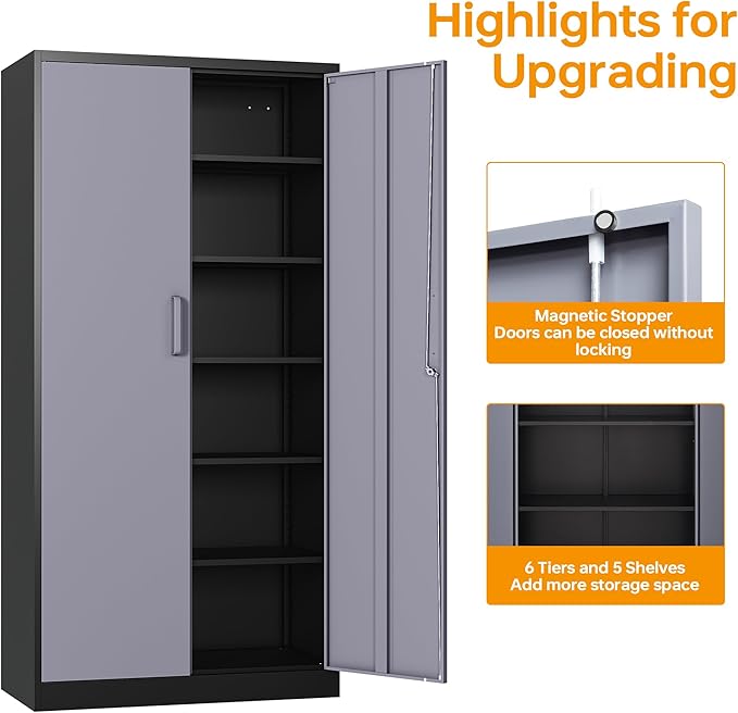 STANI Metal Garage Storage Cabinet with Lock, 71" Steel Lockable File Cabinet, Locking Steel Storage Cabinet with 4 Adjustable Shelves for Home, Office, Warehouse, Garage, School