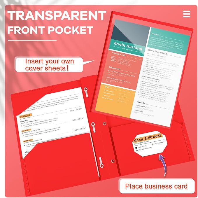 Henoyso 36 Pcs Plastic Folder with Clear Front Pocket and 3 Prong Plastic Folders with Card Slot Pocket and Prongs for School Office