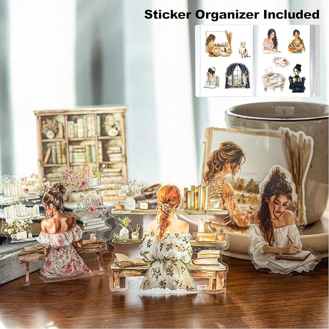 120Pcs Daily Routine PET Stickers, Vintage Scrapbooking & Junk Journal Supplies, Waterproof Planner & Craft Ephemera with Reading, Writing & Floral Designs, with Organizer