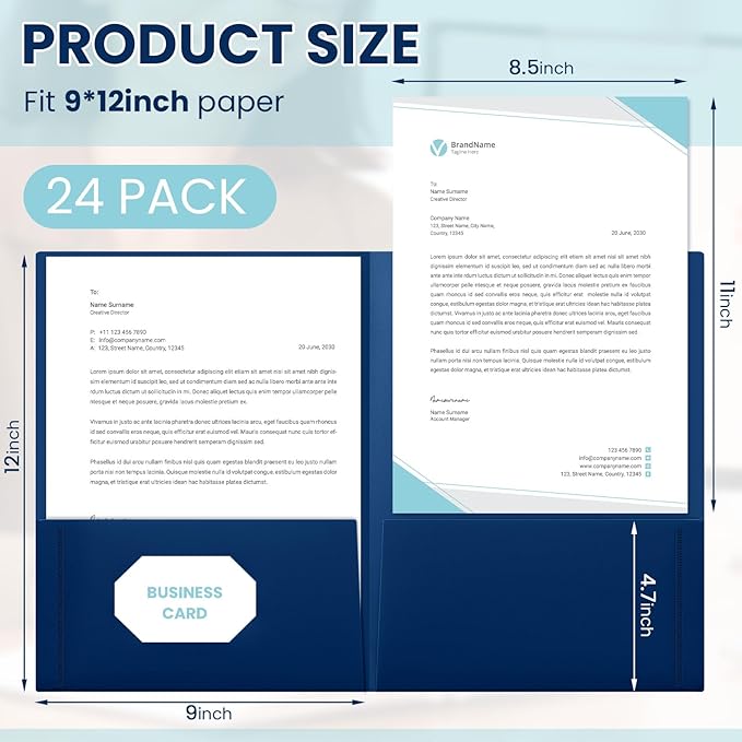 Henoyso 24 Pcs 9" x 12" Plastic Presentation Folders Blue Folder with 2 Pockets Letter Size, Heavy Duty Two Pocket File Folders with Card Holder for School Office Business Home