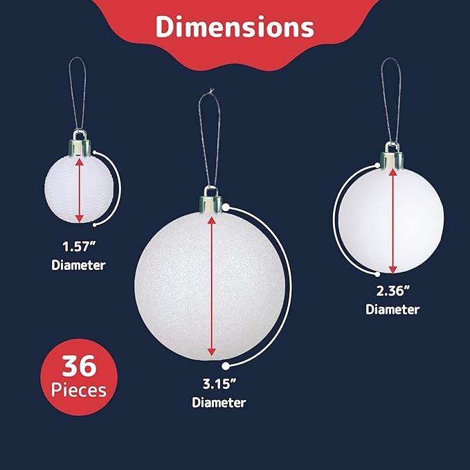 Prextex 36 Piece White Christmas Ornaments and Balls - White Ornament Set with 3 Sizes and 6 Styles - Shatterproof Christmas Ornaments for Tree, Wreath, and Holiday Decor for Indoor or Outdoor Display