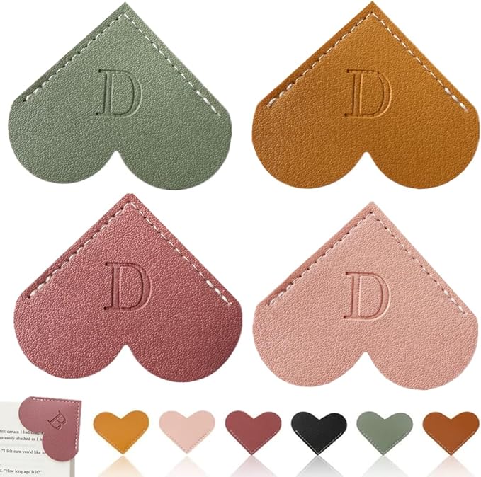 Personalized Leather Heart Bookmark, 26 Letters Customized Corner Book Mark for Reading Women, Book Marker with Initials，Cute Gifts (Light Pink+Deep Pink+Green+Light Brown, D)