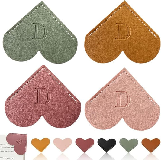 Personalized Leather Heart Bookmark, 26 Letters Customized Corner Book Mark for Reading Women, Book Marker with Initials，Cute Gifts (Light Pink+Deep Pink+Green+Light Brown, D)
