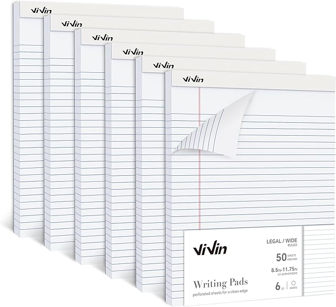 ViVin Legal Pads 8.5 x 11 Inch, Wide Ruled Note Pads, 6 Pack, 50 Sheet/Pad, Perforated Writing Pads, Notepads for Office Home School, 300 Sheets, White Paper