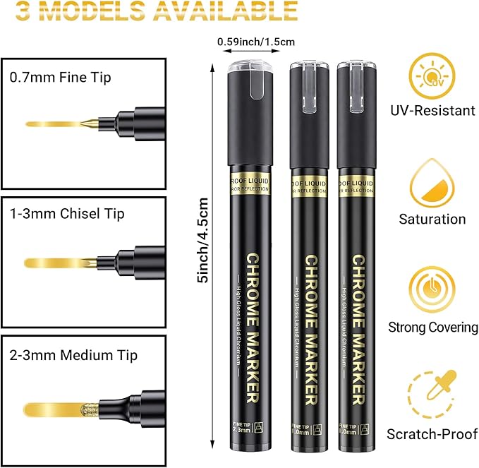 3Pcs Gold Liquid Mirror Chrome Markers, Permanent Reflective Metallic Gold Paint Pen, High Gloss Car DIY Model Painting, Touch Up Repair Kit for Plastic Metal Glass Fabric Ceremic Resins