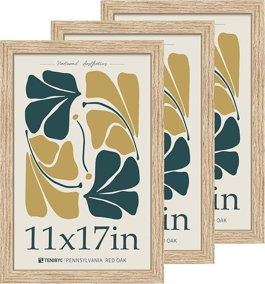 11x17 Oak Poster Frame 3 Pack with HD Glass, Natural Solid Wood Picture Frame, Wall Gallery Frame