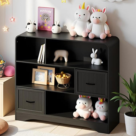 6 Cube Storage Organizer, 48" Wide Cube Storage Organizer w/Adjustable 2 Bins Storage, Modern Wooden Bookshelves and Bookcase w/Drawers, Large Bookshelf w/Open Display Shelves for Living Room, Black