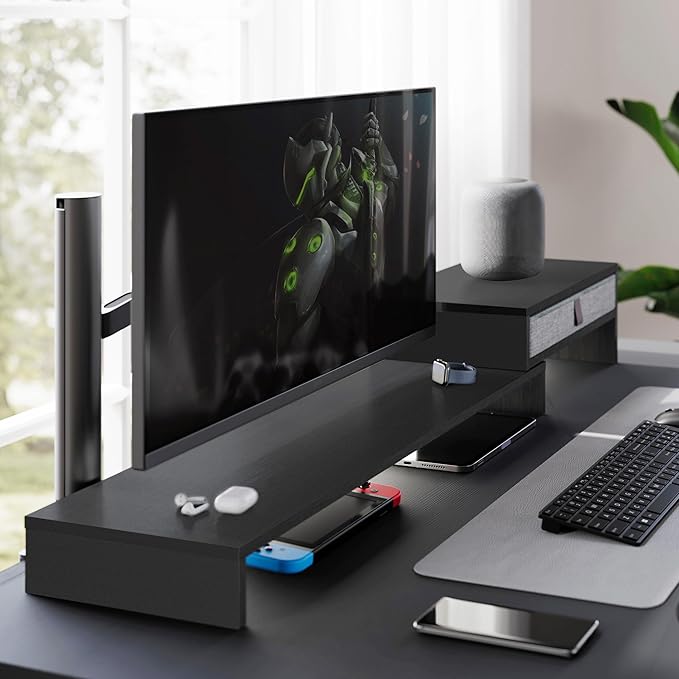 Fenge Computer Monitor Riser Stand with Drawer for 2 or 3 Monitors ,Adjustable Length and Angle Desktop Laptop Stand,Office Organizer,Printer,Black