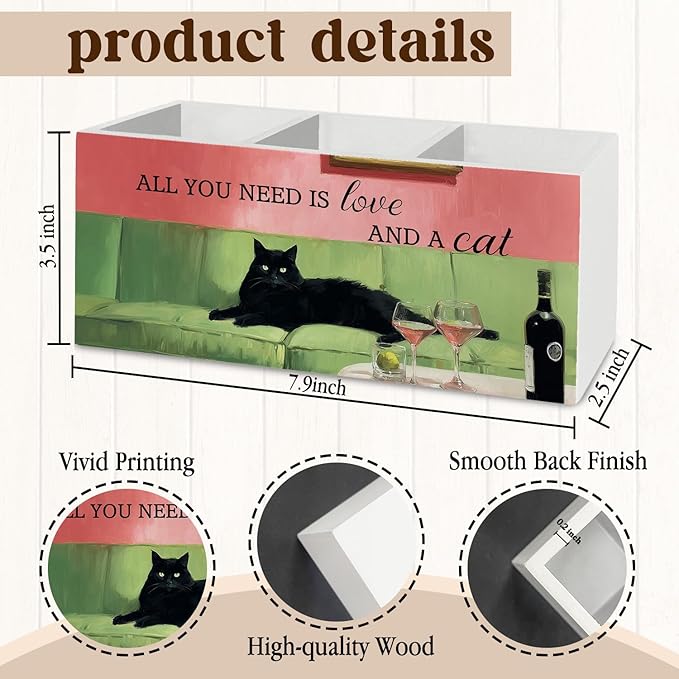 Funny Black Cat Cocktail Pen Pencil Holder Organizer for Desk Accessories, Trendy Whimsical Kitten Martini Wooden Box Sign Desk Decor for Office Decoration, Black Cat Gifts