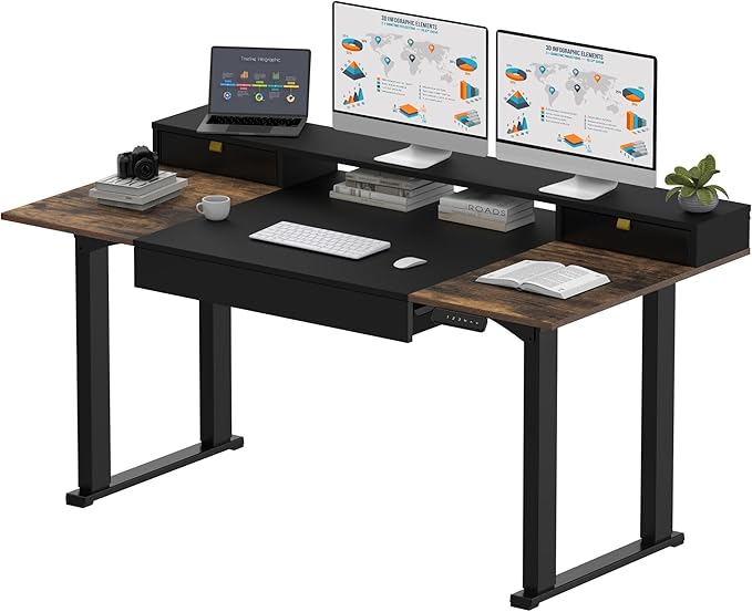 SANODESK Electric Standing Desk with Drawers, 63 x 32 inch Height Adjustable Computer Desk, Home Office Stand Up Desk with 3 Preset Heights, Black