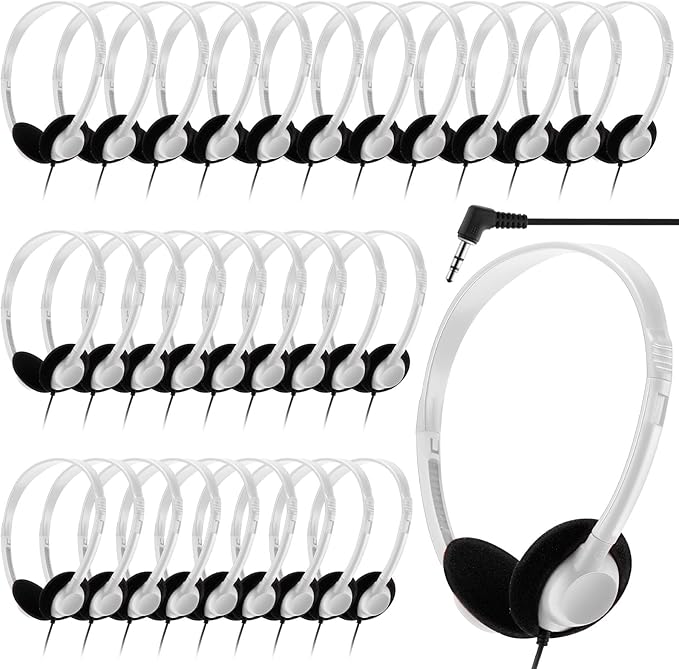 Yunsailing 30 Pack Class Set Headphones for Students Bulk School Headsets Earphones with 3.5mm Jack Classroom Must Haves Teacher Supplies for Adults Laptop Computer(White)