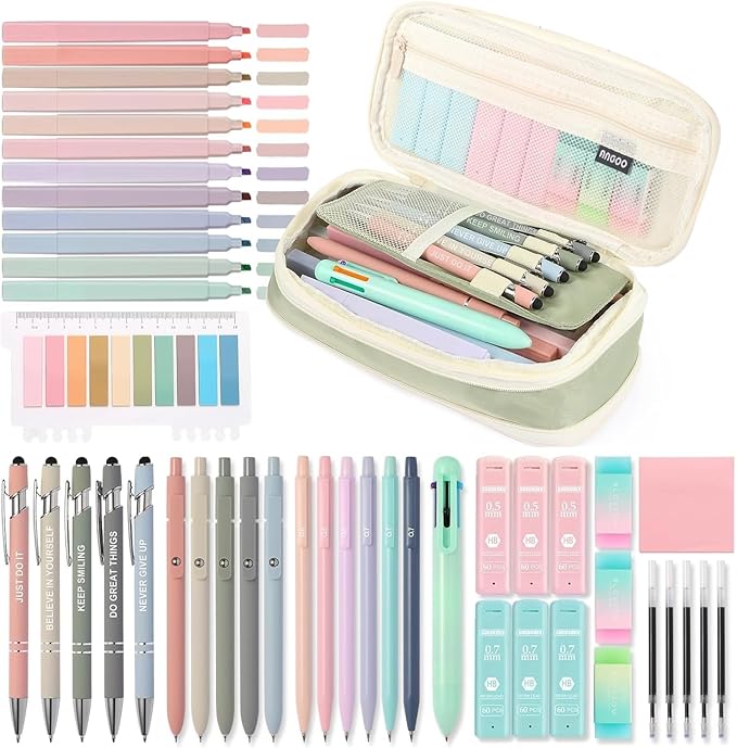 56 PCS Aesthetic School Supplies with Pencil Case, 5 Inspirational Ballpoint Pens, 12 Pastel Highlighters, 5 Black Ink Gel Pens, 6 Mechanical Pencils 0.5-0.7mm Preppy School Supplies Xmas Gift(Green)