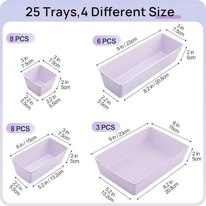 Vtopmart 25 PCS Plastic Drawer Organizers Set, 4-Size Versatile Bathroom and Vanity Drawer Organizer Trays, Storage Bins for Makeup, Bedroom, Kitchen Gadgets Utensils and Office