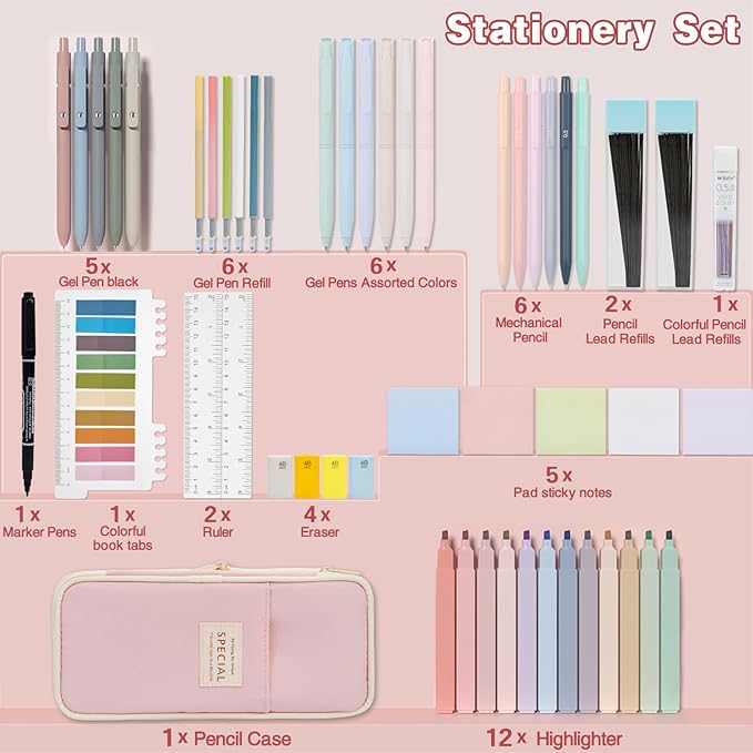 52 PCS Aesthetic School Supplies with Highlighters, Mechanical Pencils, Color Ink Gel pens, Pencil Case, Bible Study Supplies, Pens Pencils and Highlighters Set, Stationary Set for Student
