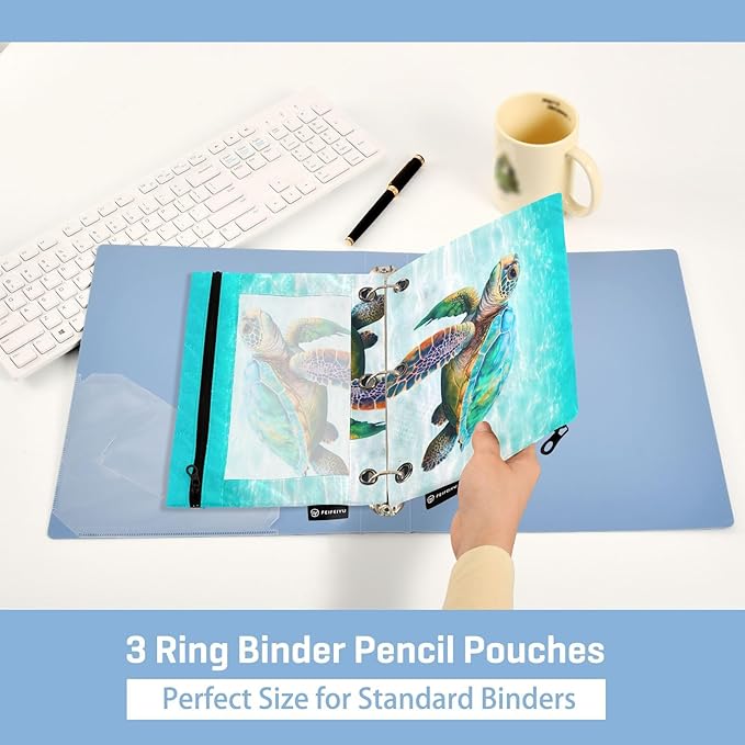 Sea Turtle Pencil Pouch for 3 Ring Binder, 2 Pack Waterproof Pencil Bags Clear Window Zipper School Office Supplies