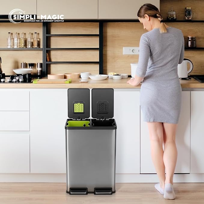 SIMPLI-MAGIC 16 Gallon (60L) Elegant Black Step Trash Can – Dual Compartment Kitchen Garbage Can with Waste & Recycling Bins – Slow-Close Lid, Odor Control, Hands-Free, Premium Stainless Steel