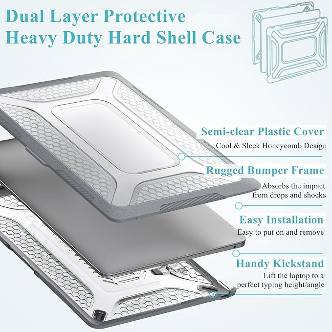 KEROM Heavy Duty Case for MacBook Pro 14 inch 2025-2021 M5 M4 M3 M2 M1 Chip A3434 A3112 A3185 A3401 A2918 A2992 A2779 A2442, Rugged TPU Bumper Hard Shell with Foldable Kickstand & Keyboard Cover, Grey