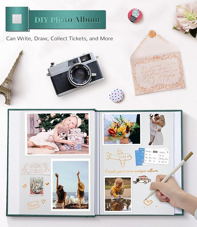 Photo Album Self Adhesive Scrapbook Album for 3x5 4x6 5x7 8x10 Pictures,120 Pages Linen Cover with Display Window DIY Photo Book,Ideal Gifts for Family Travel Wedding Baby