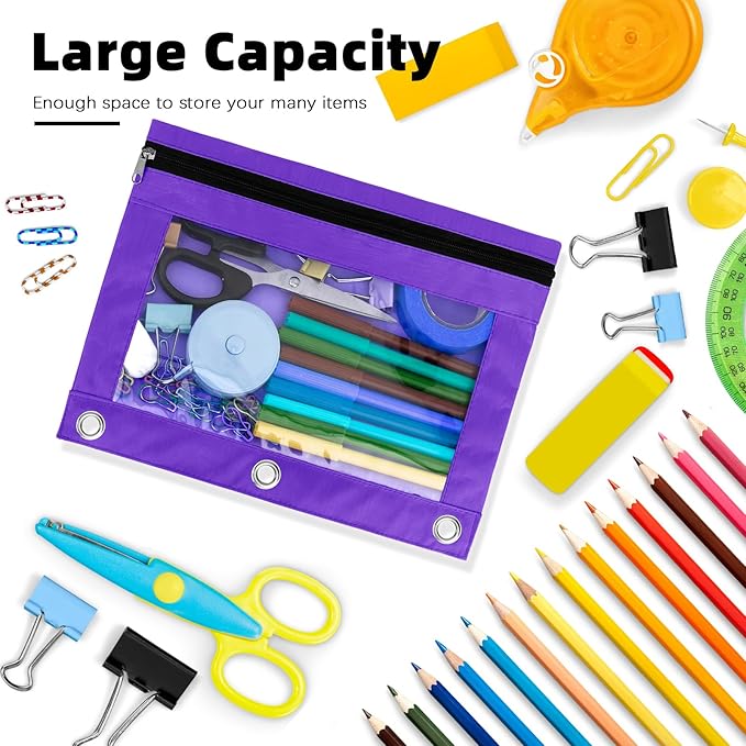 Pencil Pouch for 3 Ring Binder, 12 Pack Pencil Bags with Zipper, Large Capacity Pencil Case for Binder Assorted Color Pencil Case Pouch with Clear Window and Grommets Pencil Pocket for Office Supplies