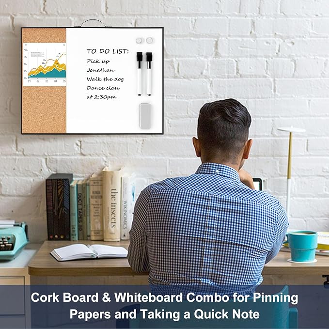 Small Cork Board Whiteboard Combo - 12" X 16" Portable Aluminum Black Framed Magnetic Dry Erase Board for Wall, Mini Bulletin CorkBoard with a Handle for Office, Home and School