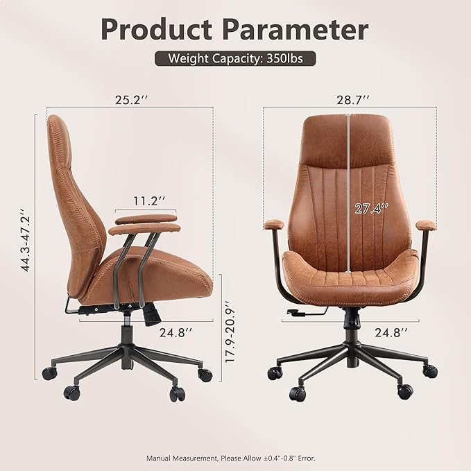 Mid Century Modren Office Chair - High Back Swivel Executive Chair with Lumbar Support,Ergonomic Computer Desk Chair with Wheels,Faux Lether Suede Task Chair,350lbs (Brown, High Back)
