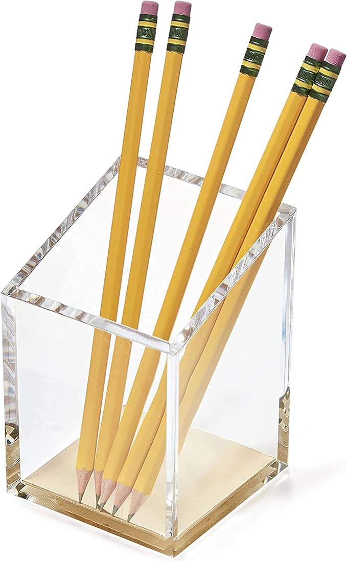 OfficeGoods Acrylic Pen & Pencil Holder - Modern Trapezoid Design - Beautiful Desk Organizer for Home or Office - Contrasting Metal Base - 3" Square w/ 3.5" Front & 4.5" Back - Gold