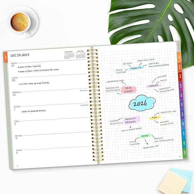 SUNEE 2026 Weekly and Monthly Planner - January 2026-December 2026, 8.5"x11" Half Weekly Half Note, Daily Agenda Planner with PVC Waterproof Cover, Monthly Tab, Note, Pockets, Bookmark, Green