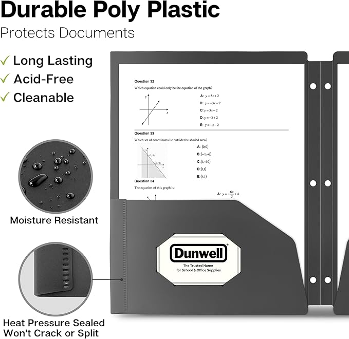 Dunwell Plastic 2-Pocket Folders for 3-Ring Binders, (3 Pack, Black) 3 Hole Punched, Divider Folder for Notebooks, Heavy Duty Poly, Fits 8.5x11 Sheets, Includes Labels