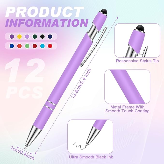 Tenare 12 Pieces 2 in 1 Stylus Metal Ballpoint Pen with Stylus Tip, 1.0 mm Black Ink Ballpoint Pen for Touch Screens(Vibrant Colors and Silver)