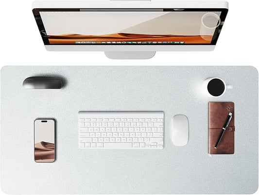 YSAGi Leather Desk Pad Protector, Office Desk Mat, Large Mouse Pad, Non-Slip PU Leather Desk Blotter, Laptop Desk Pad, Waterproof Desk Writing Pad for Office and Home (Silver, 23.6" x 13.8")
