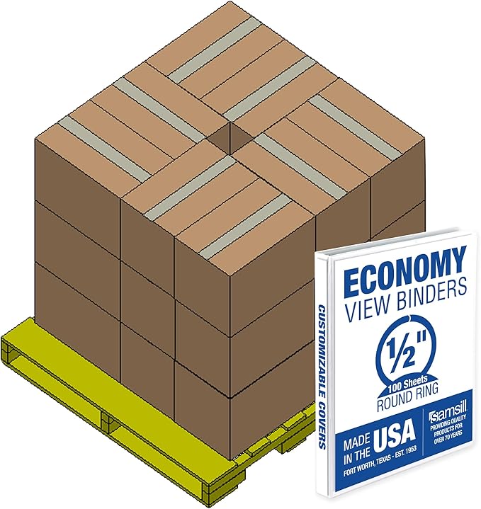 Samsill Economy 0.5 Inch 3 Ring Binder Bulk Pallet, Made in The USA, Round Ring Binder, Customizable Clear View Cover, White, Pallet of 768 Binders in 32 Cartons