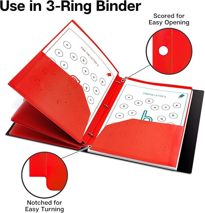 Dunwell Plastic 2-Pocket Folders for 3-Ring Binders, (3 Pack, Red) 3 Hole Punched, Divider Folder for Notebooks, Long Lasting Poly, Fits 8.5x11 Sheets, Includes Labels