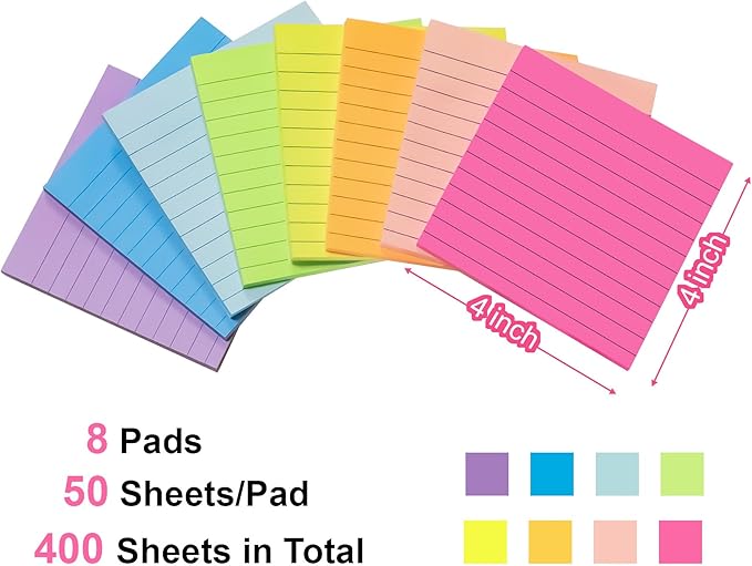 8 Pads Lined Sticky Notes 4x4 inch Self-Stick Notes Bright Colors Sticky Note for Office Home School