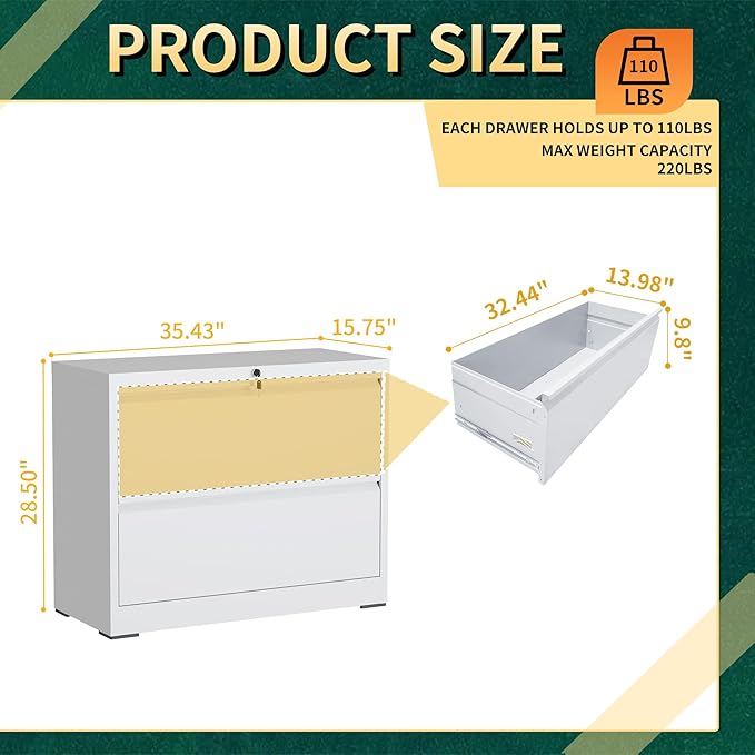 2 Drawer Lateral File Cabinet with Lock, Metal File Cabinets for Home Office, Steel Heavy-Duty Filing Storage Cabinet for Letters/Legal/A4 (Require Assembly, White)