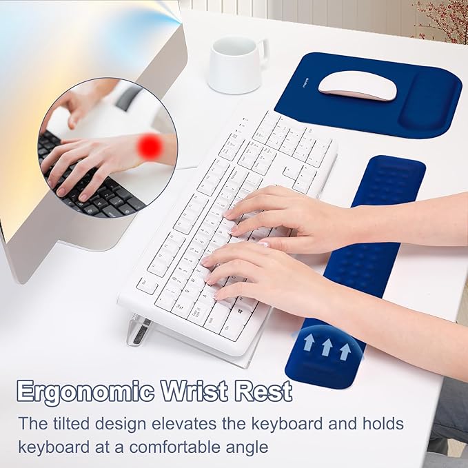 MOSISO Computer Keyboard Stand&Wrist Rest Support for Keyboard &Mouse Pad Set, Ergonomic Massage Wrist Rest Set, Easy Typing Working Acrylic Clear Stand for Office Home, Navy Blue