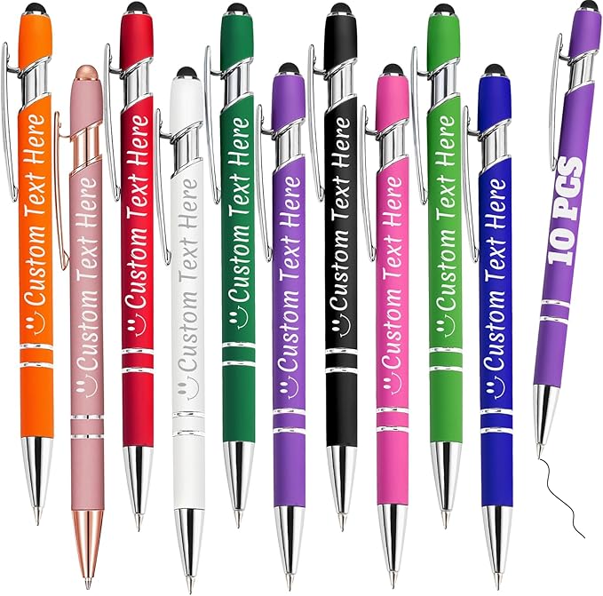 Personalized Pens Bulk 10 with Name Custom Engraving Ballpoint Pens with Stylus Tip Customized Smooth Writing Pens Personalized Gifts for Anniversary Birthday or Graduation(Assorted,Black Ink)