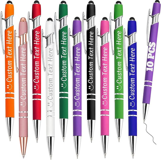 Personalized Pens Bulk 10 with Name Custom Engraving Ballpoint Pens with Stylus Tip Customized Smooth Writing Pens Personalized Gifts for Anniversary Birthday or Graduation(Assorted,Black Ink)