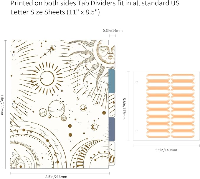 Ospelelf 3 Ring Binder, 1/2 Inch, Cute Letter Size (11" x 8.5") with 5 Tab Dividers, File Folder Labels and Low Profile Clipboards, Tarot Cards Binder for School and Office Supplies
