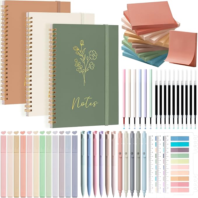 58PCS Aesthetic School Supplies, Cute College Ruled A5 Spiral Notebook Stationary Set Back to School Supplies Bible Study Kit Office College Essentials with Pastel Highlighters for Women Student Girls