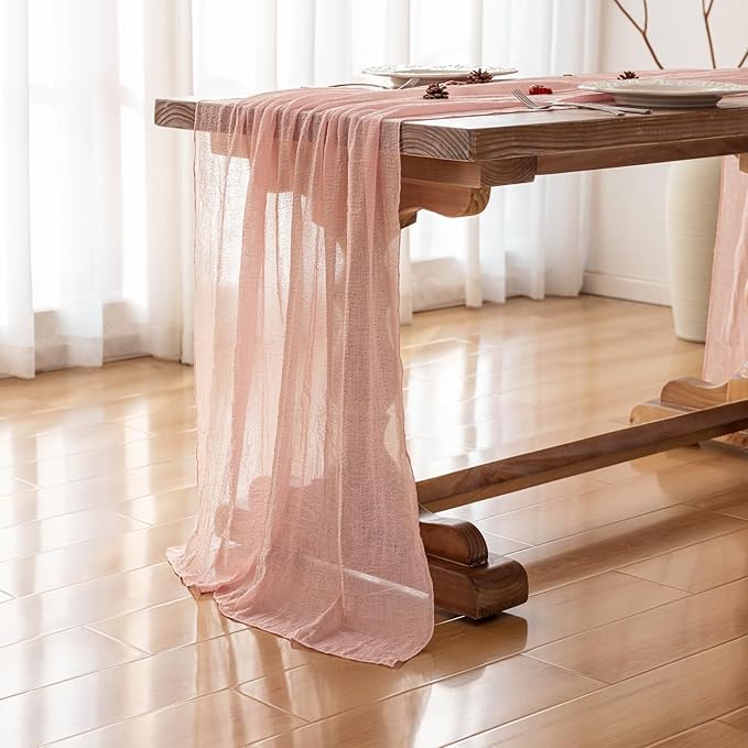 10pcs Blush Pink Gauze Rustic Cheesecloth Table Runner 120 Inch 10 FT for Wedding Baby Shower Bridal Shower Birthday Engagement Garden Outdoor Party Long Sheer Boho Decorations