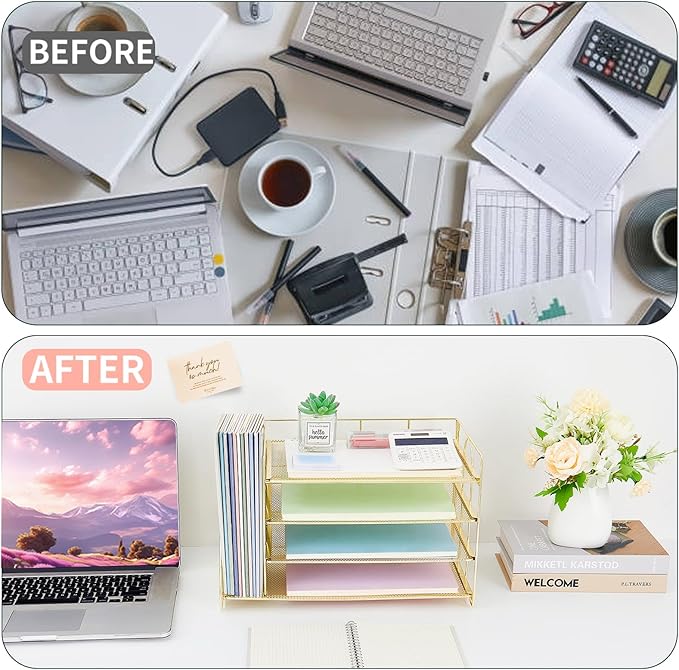 OPNICE 4-Tier Paper Organizer with Magazine Holder, Desk Organizers and Accessories, Office Desk Accessories & Workspace Organizers, Desktop File Organizer for Office Supplies Storage, Gold